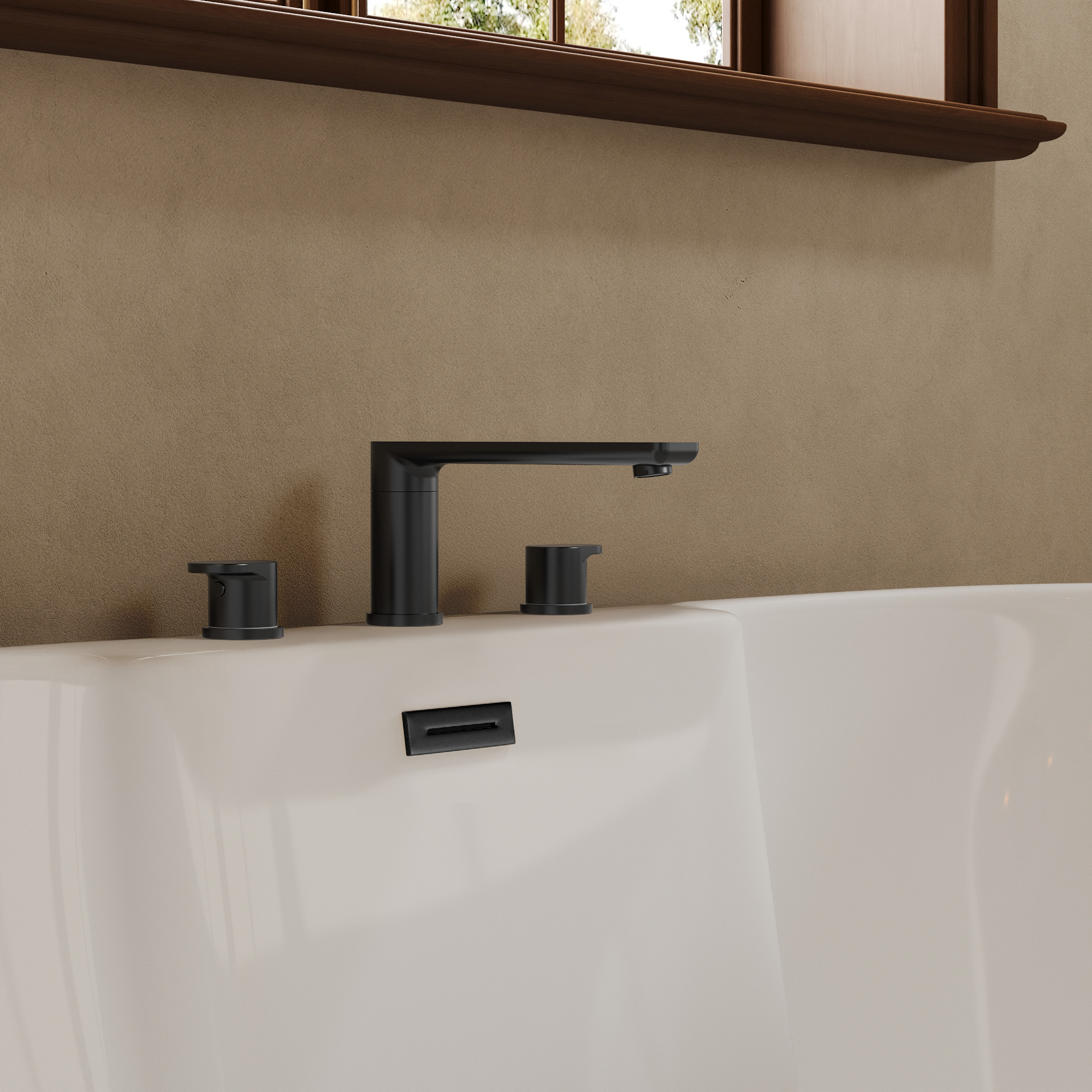 2-Handle Deck-Mounted Low Arc Roman Tub 1-Spray Tub and Shower Faucet 2.8 GPM in Matte Black Spot Resist Valve Included