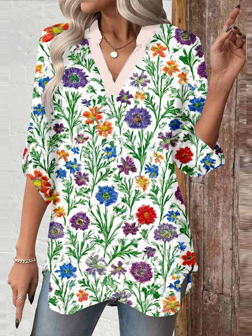 Women Floral, Green,Ladynora DZGA0041 3/4 Sleeve V-neck Printed Graphic Button Tops