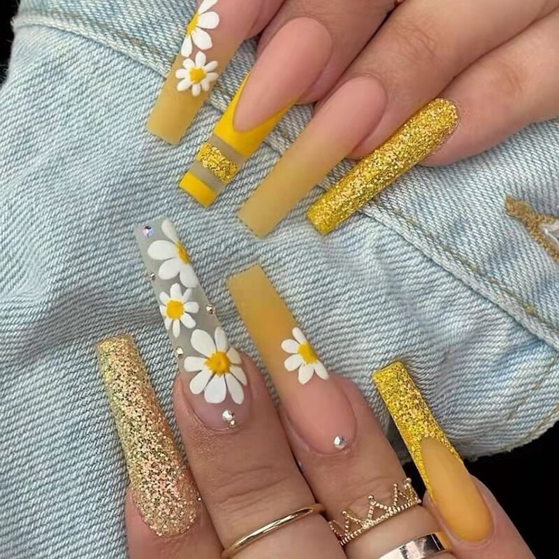 24pcs Coffin Fake Nails Detachable Yellow Gradient Flower Decal Ballerina Nail Art Tips Long Gold Glitter False Nails