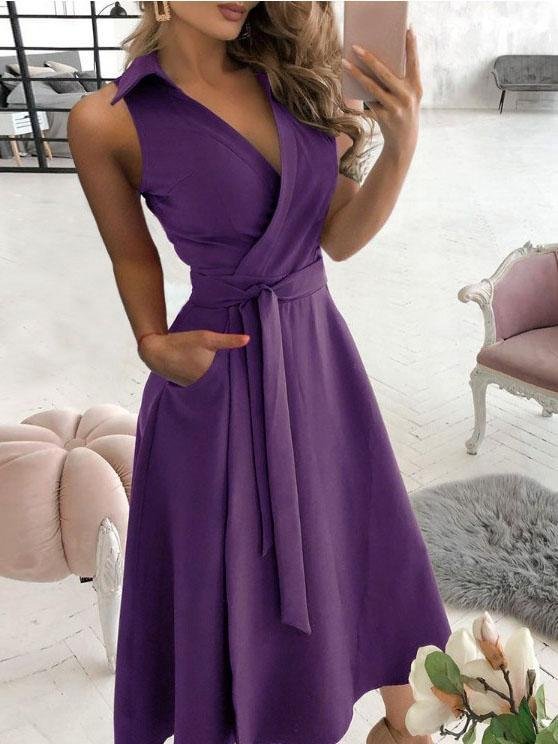 Women's Loose Fashion V-neck Sleeveless Lace-up Midi Dress