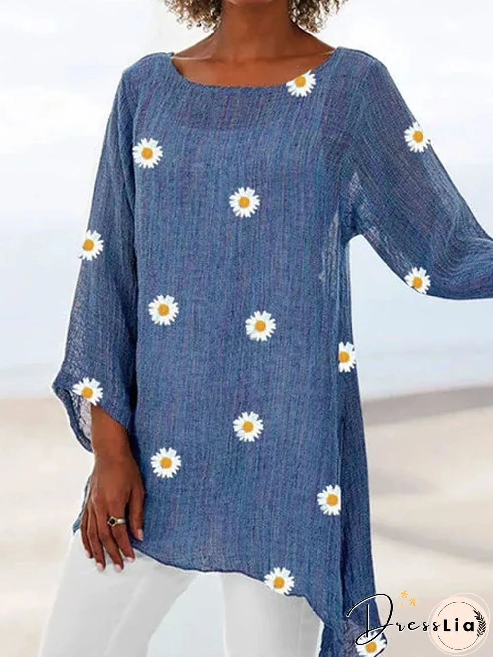 Blue Cotton Round Neck Printed Long Sleeve T-shirt