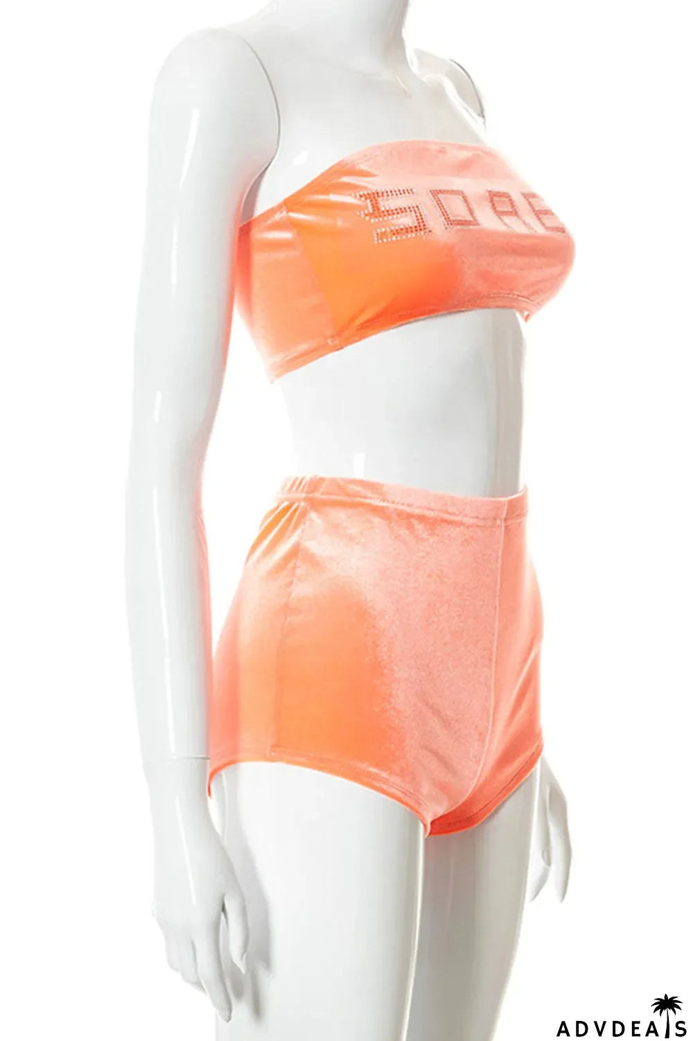 Orange Apricot Sexy Print Split Joint Strapless Sleeveless Two Pieces