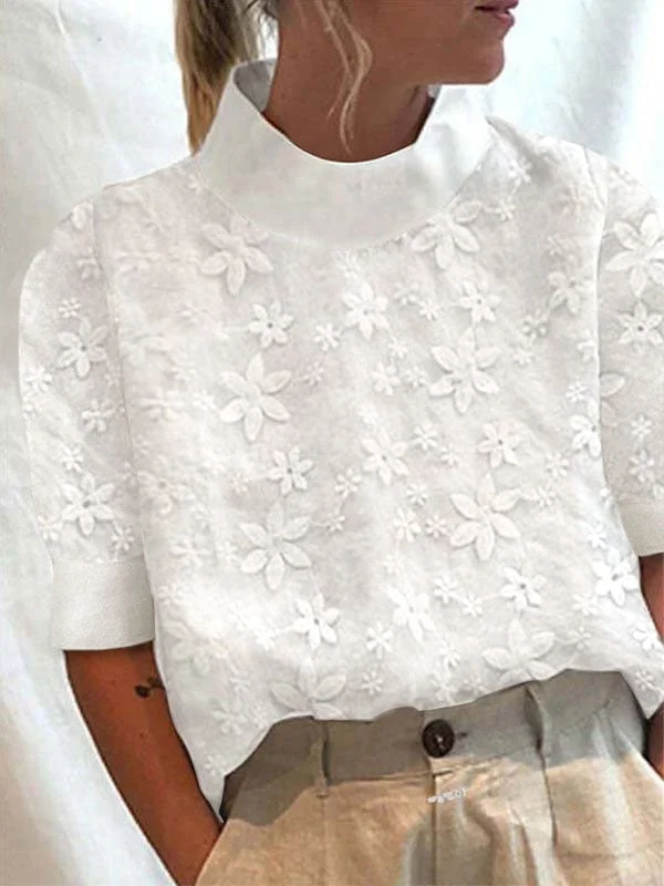 Women's Cotton Linen Lace Lapel Button Down Short Sleeve Shirt