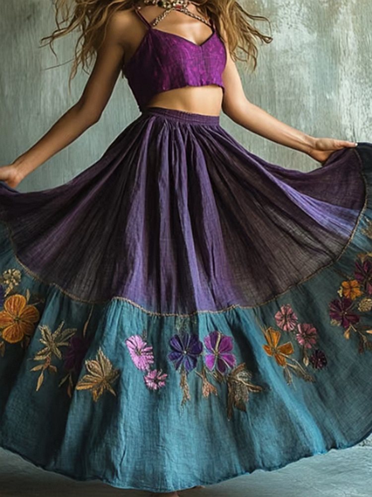Women's Retro Flower Embroidered Pattern Linen Blended Short Skirt