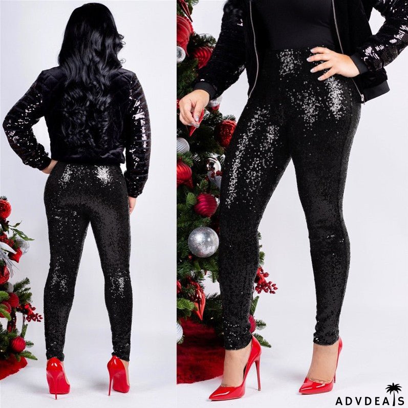 Rose Gold Sequin Slim Shiny Skinny Pencil Pants