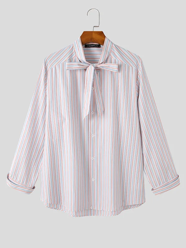 Aonga - Mens Striped Bowknot Long Sleeve Shirt