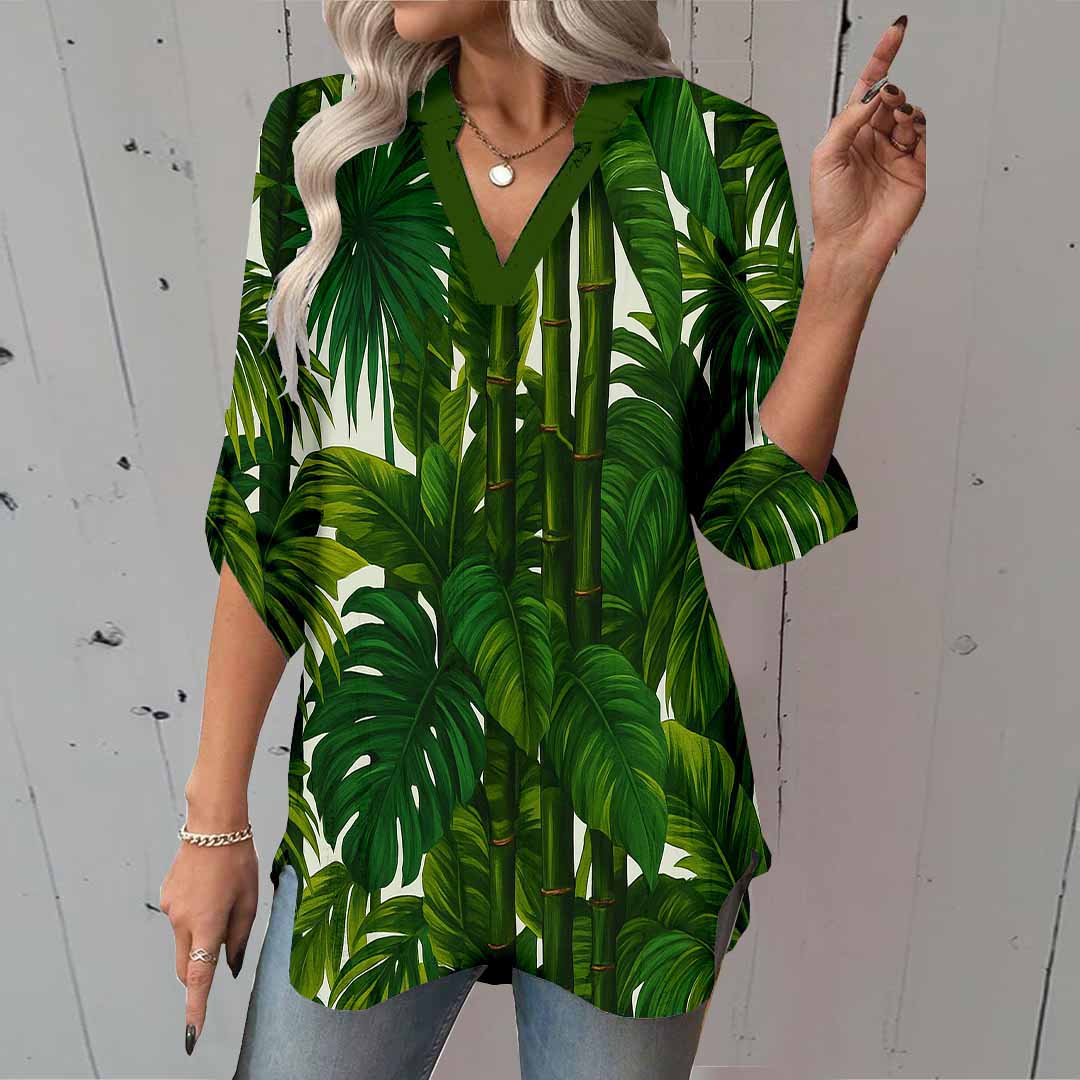 Women Tropical, Leaves, Bamboo, Green DZGA0126 3/4 Sleeve V-neck Printed Graphic Button Tops