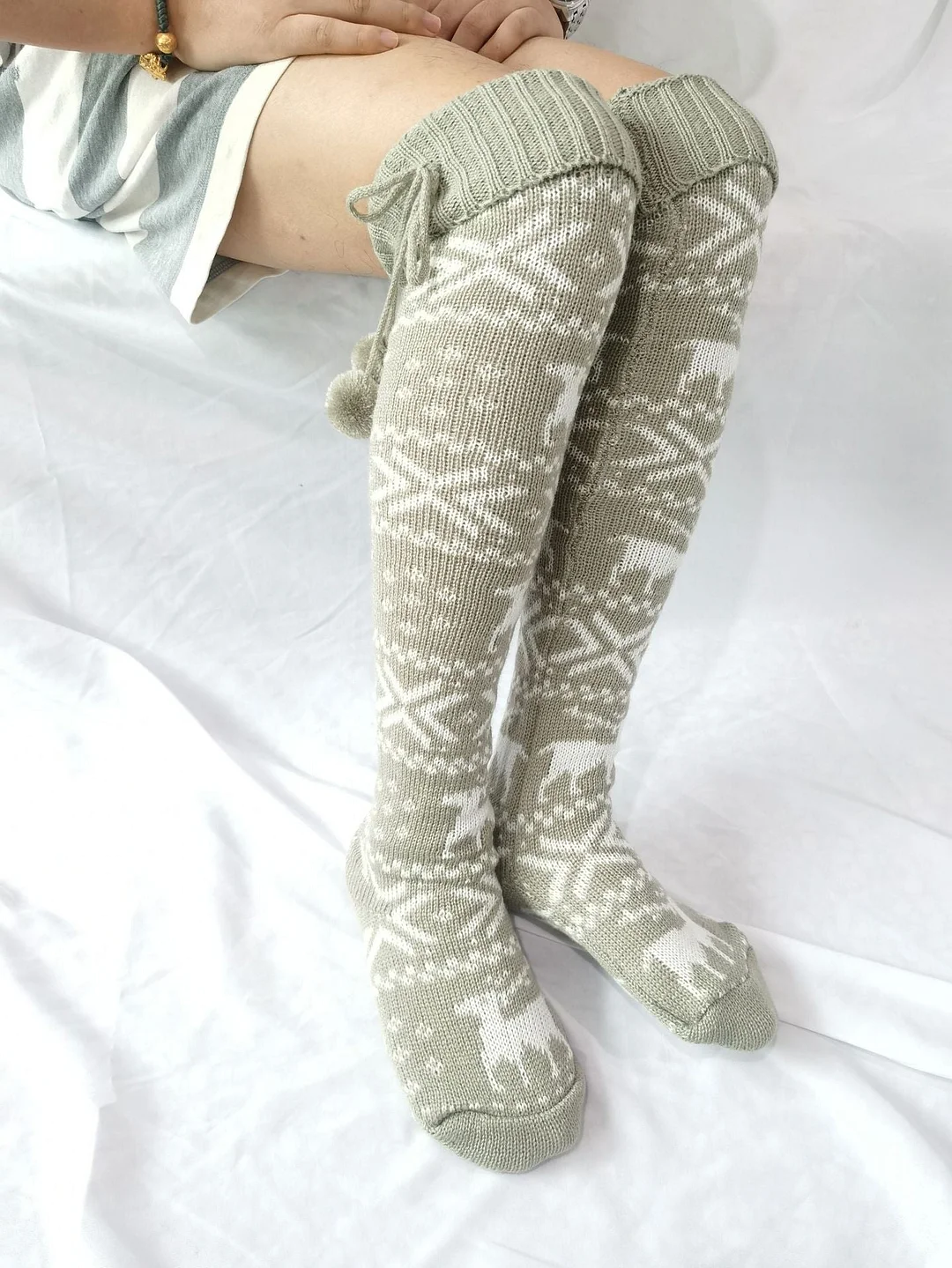 Christmas Drawstring Reindeer Knitted Thigh-High Socks
