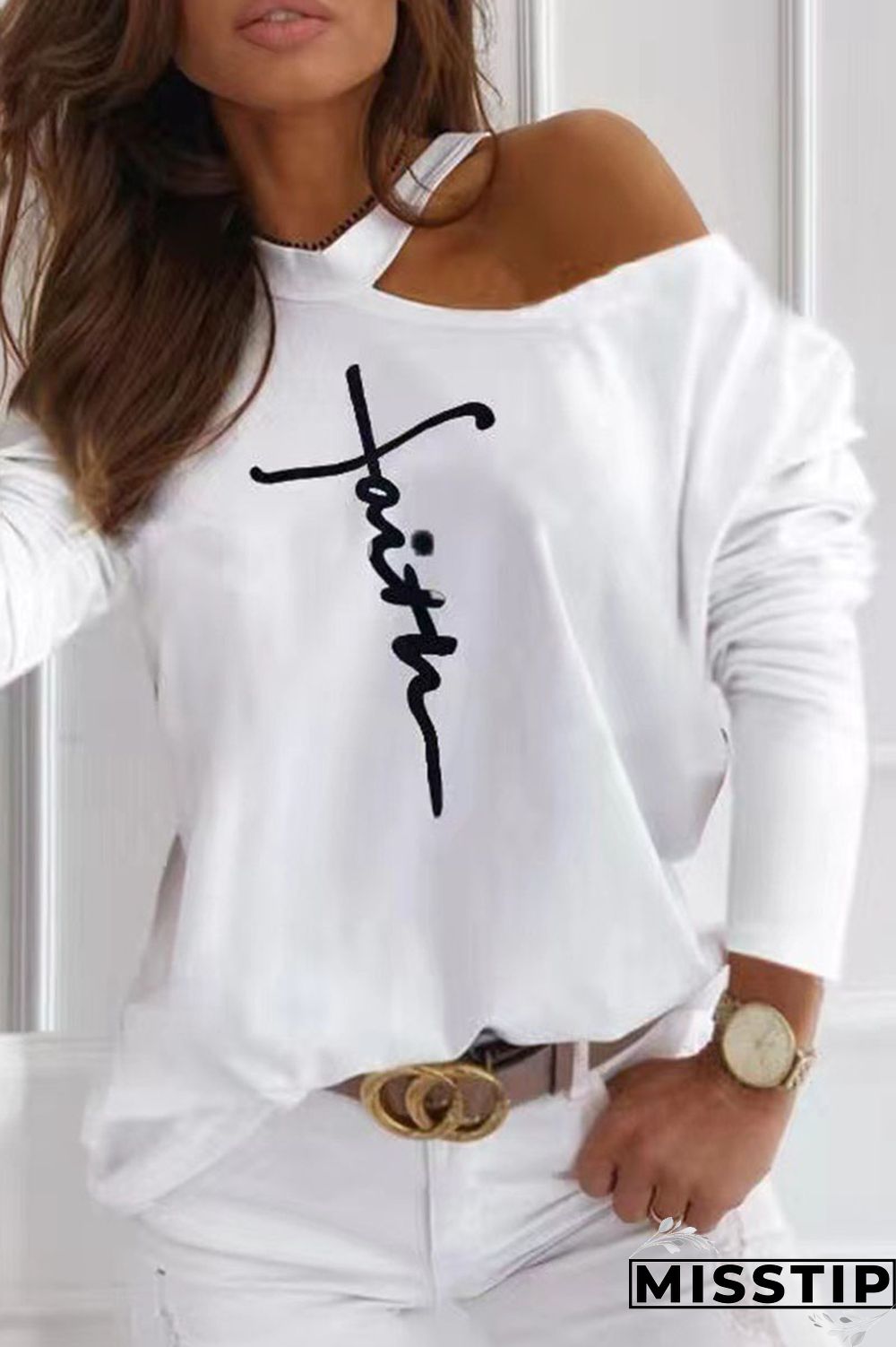 Black White Casual Print Patchwork O Neck Tops
