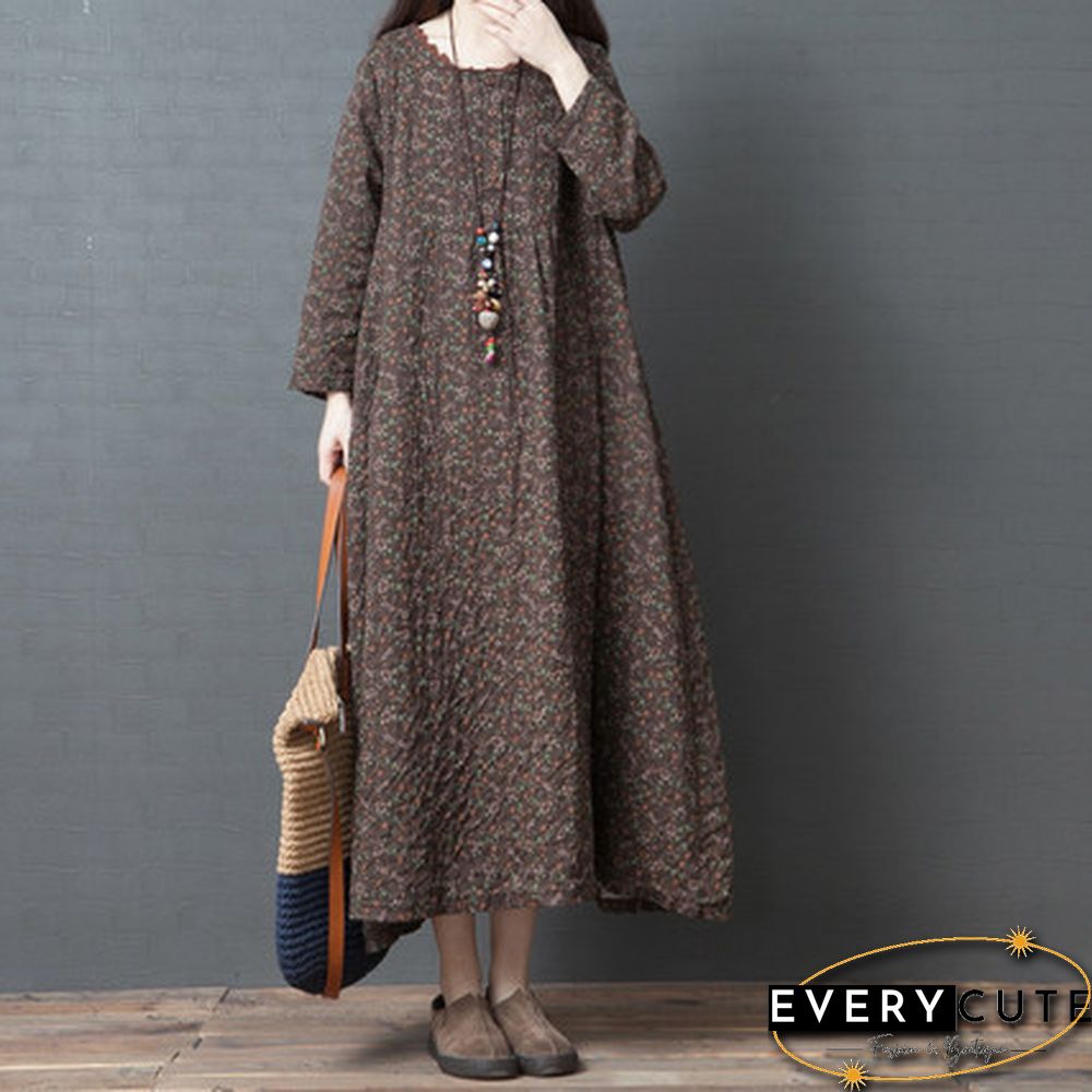 Women Cotton Kaftan Abaya Vintage Printed Floral Dress Full Length Dress
