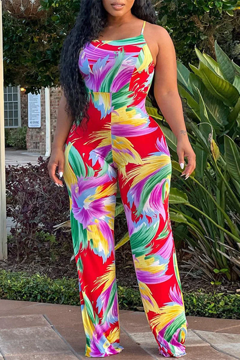 Fashion Sexy Print Backless Spaghetti Strap Regular Jumpsuits