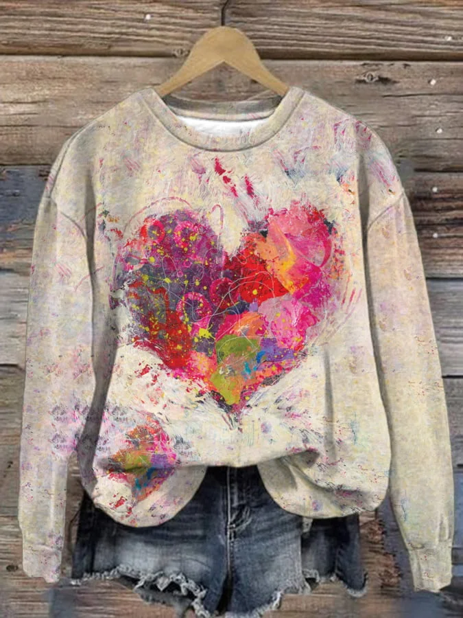 Retro Watercolor Love Heart Painting Print Sweatshirt