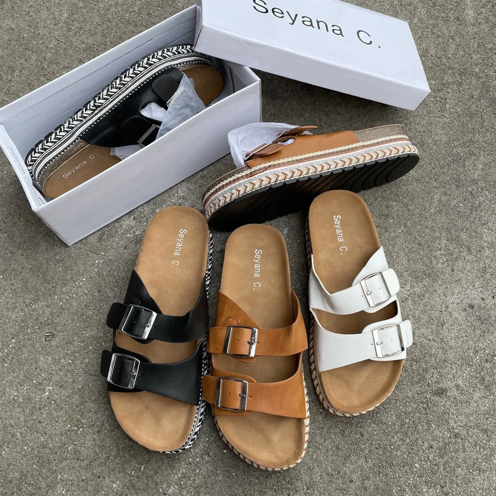 Spanish Foreign Trade New Slippers Open Toe Hollow Flat Belt Buckle All-Matching Graceful Sping Sandal Non-Slip Soft Bottom