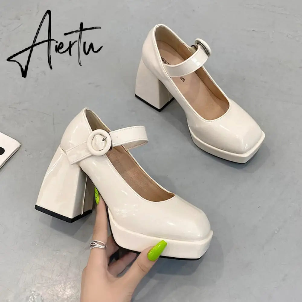 Aiertu Women Shoes Womens Platform Heels Mary Janes Shoes High Heels Leather Shoes Round Toe Patent Leather Gothic Lolita Thick Aiertu