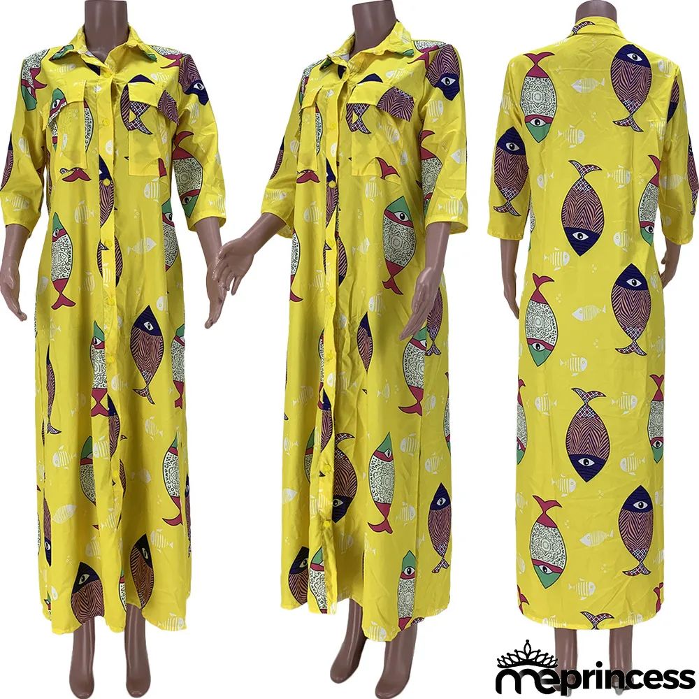 Casual Loose Printed 3/4 Sleeve Buttons Long Dress