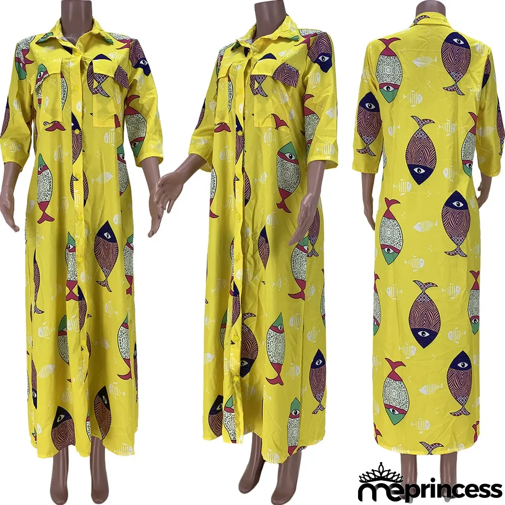 Casual Loose Printed 3/4 Sleeve Buttons Long Dress