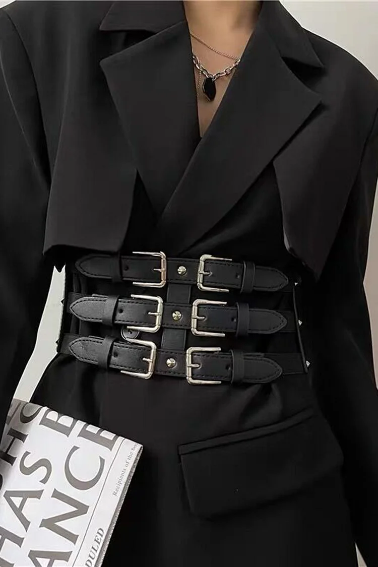 PU Leather Multi-Buckle Studded Stretchy Elastic Waist Corset