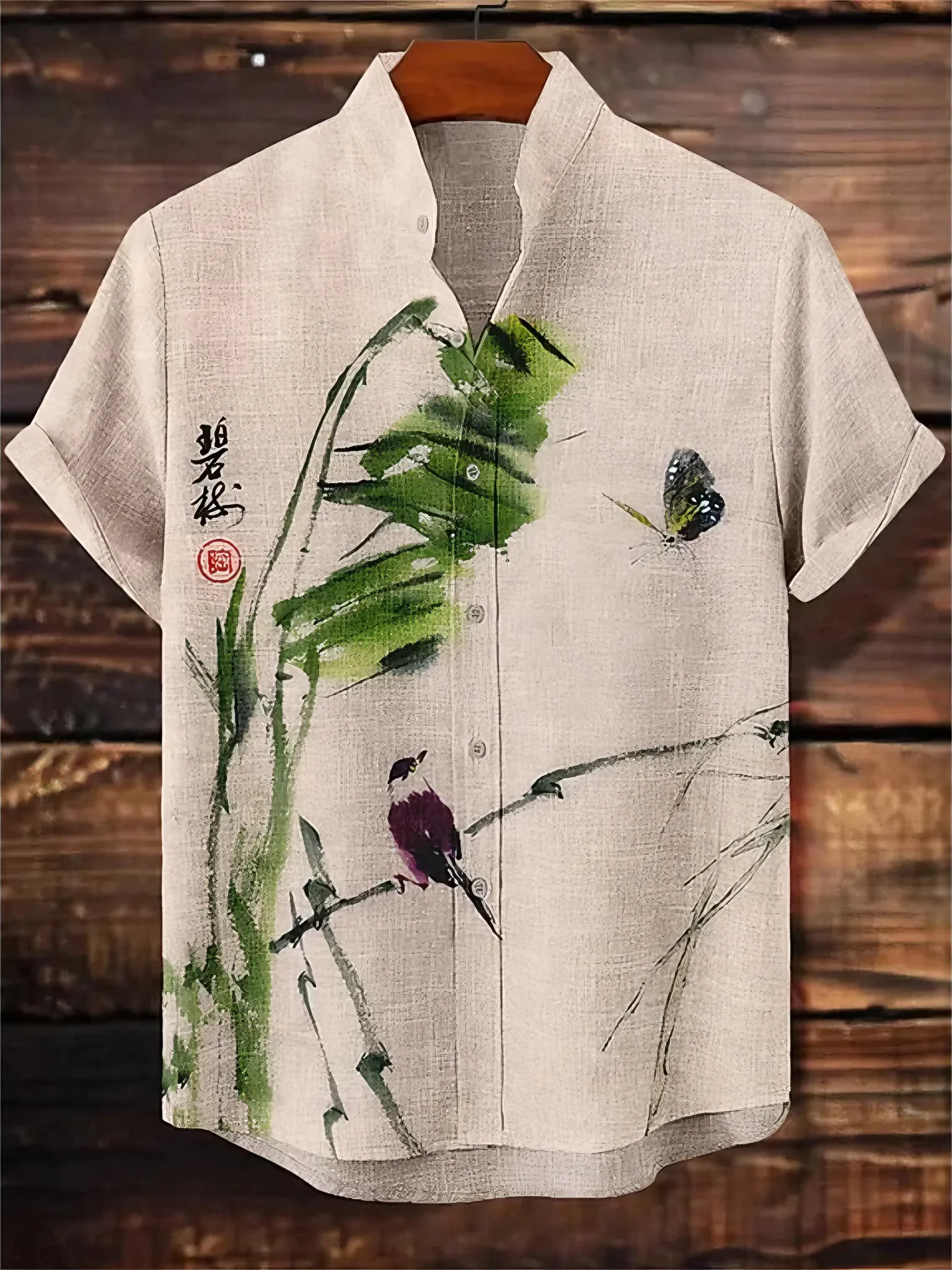 Men's Vintage Bamboo And Birds Art Pattern Casual Short-sleeve Shirt  artssus