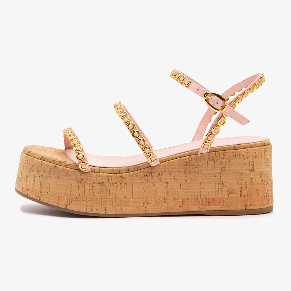 Open-Toe Gold Accent Platform Wedge Sandals for Women in Pink