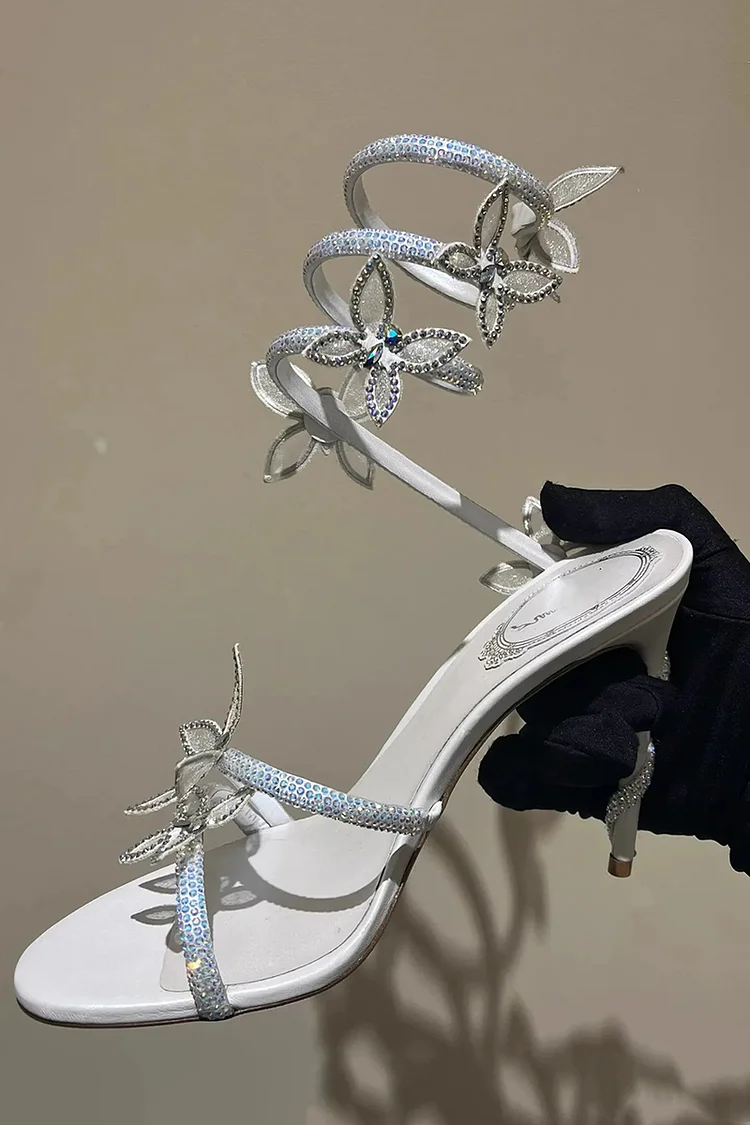 Rhinestone 3D Butterfly Decor Lace Up Peep Toe Stiletto Heels