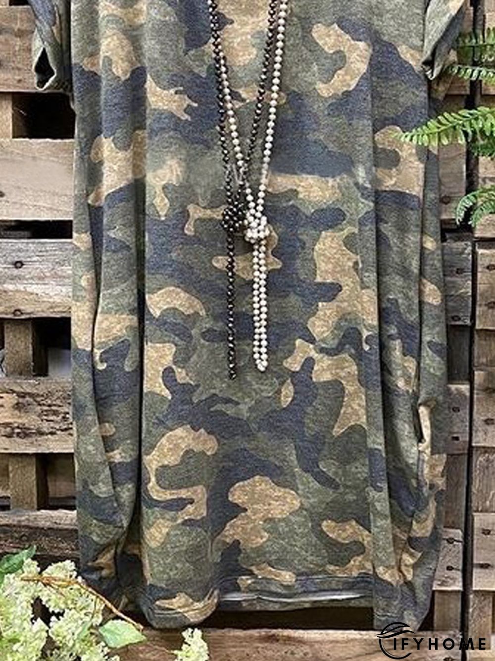 Camo Short Sleeve Printed Cotton-blend Crew Neck Casual Summer Olive Drab Top | IFYHOME