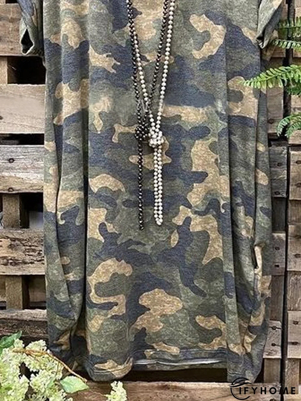 Camo Short Sleeve Printed Cotton-blend Crew Neck Casual Summer Olive Drab Top | IFYHOME