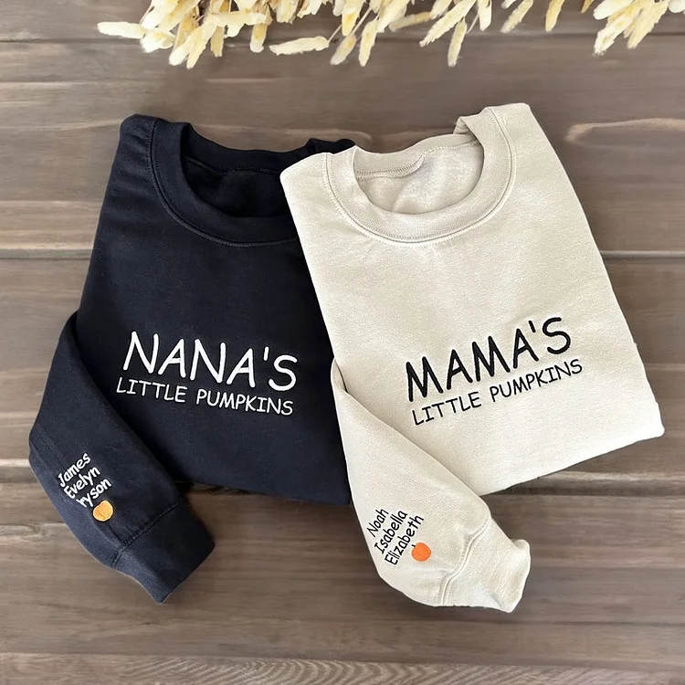 Mama's Little Pumpkins Embroidered Sweatshirt, Custom Mama Shirt With Kids Names, Pumpkin On Sleeve