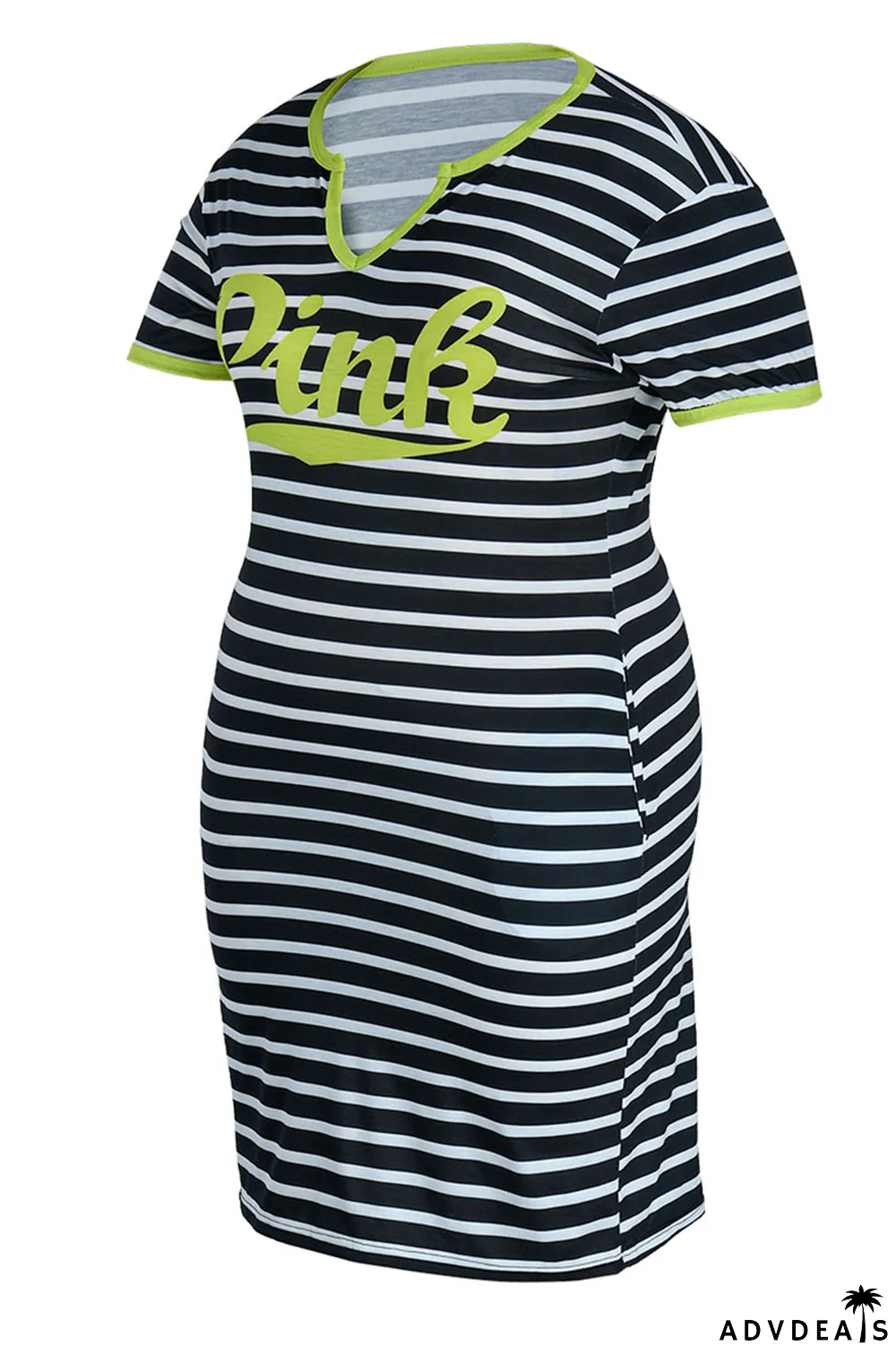 Red Casual Striped Print Patchwork V Neck Straight Plus Size Dresses