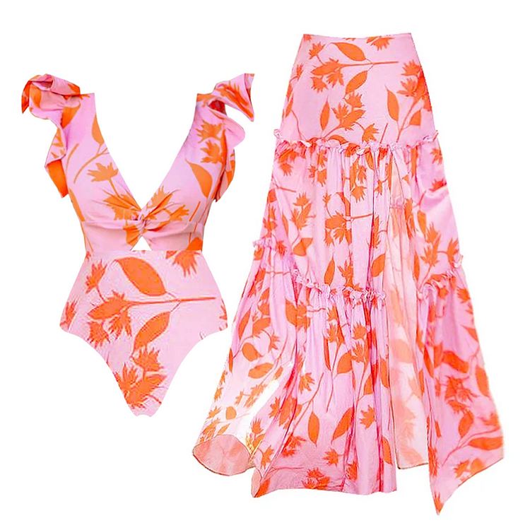 Ruffled V Neck Pink One Piece Swimsuit and Side Slit Skirt Flaxmaker