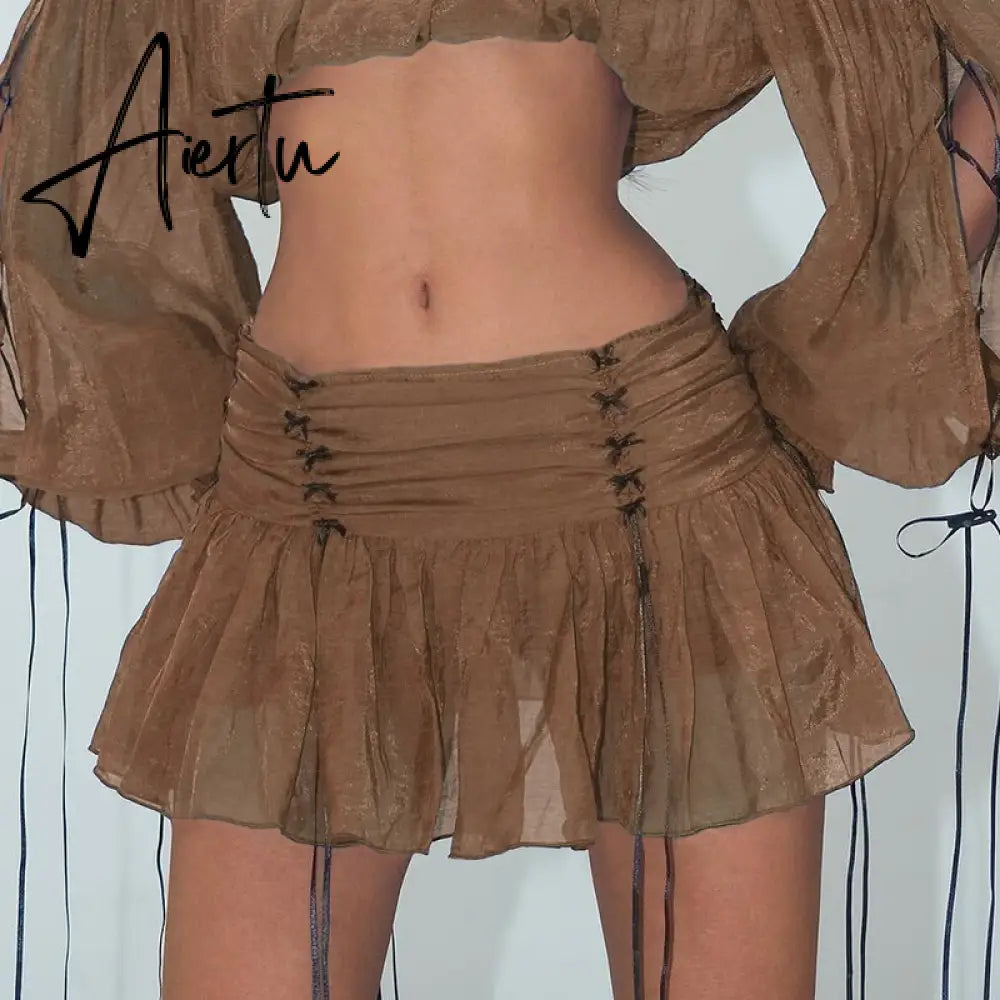 Grunge Y2k Bandage Bow Mini Skirt Women Low Rise Brown Loose Pleated Skirts Vintage Casual Clothes 90s Fairycore Outfits Aiertu