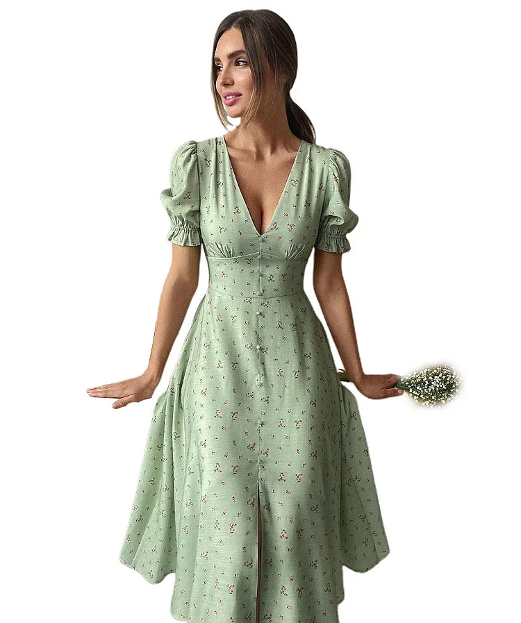 Women's Sexy Print Fashion Elegant V Neck Slit Floral Midi Dress