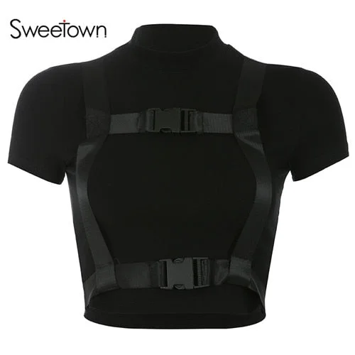 Sweetown Black Gothic Sexy Women Basic Tshirt Short Sleeve Techwear O-Neck Tee Shirt Femme Summer Crop Tops With Buckle Ribbon