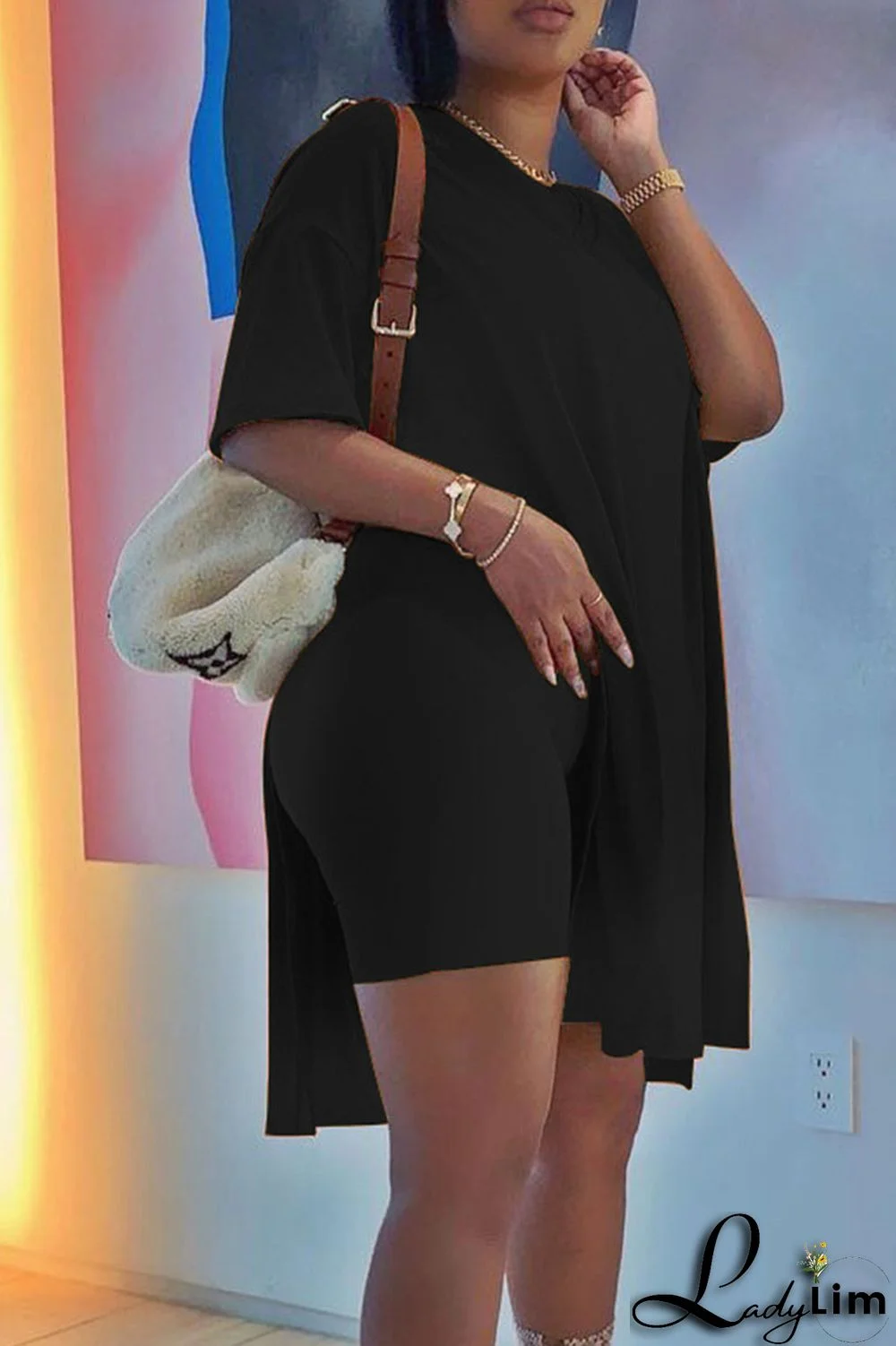 Grey Casual Solid Patchwork Slit O Neck Short Sleeve Two Pieces