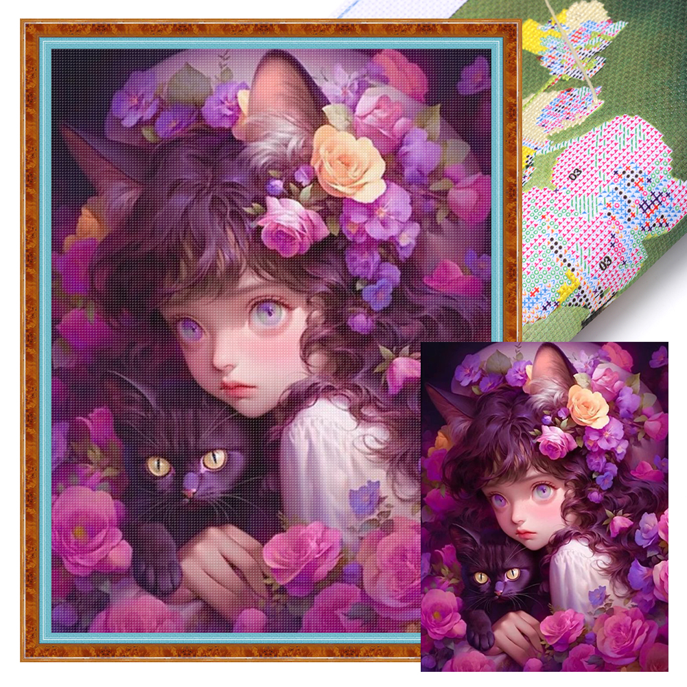 Black Cat Girl Full 11CT Pre-stamped Canvas(40*56cm) Cross Stitch