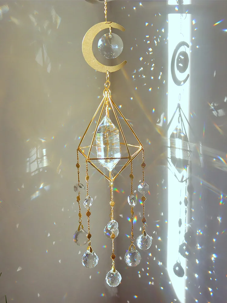 Metal Rainbow Collection Hanging Hexagon Moon Crystal Prisms Wind Chimes