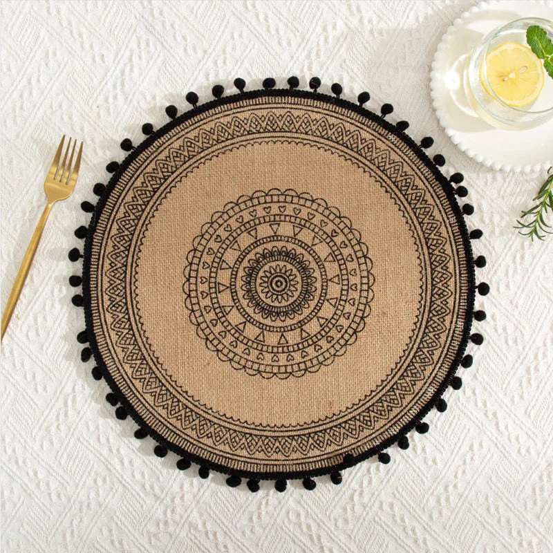 INS Jute Round Placemats Boho Tassels Table Mats Heat Insulation Pads Coffee Cup Mat Rustic Farmhouse Kitchen Decor Photo Props