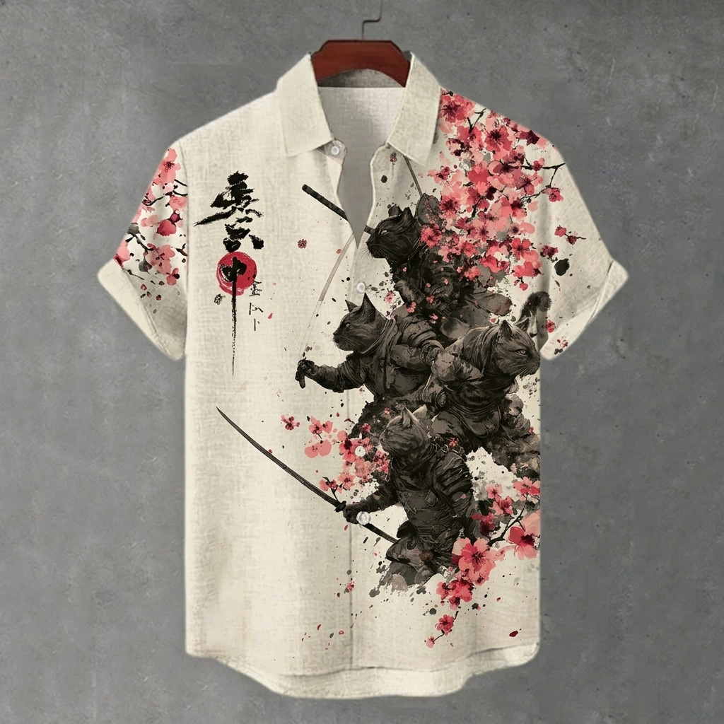 Men's Samurai Cat And Cherry Blossom Print Linen Shirt elevenforest