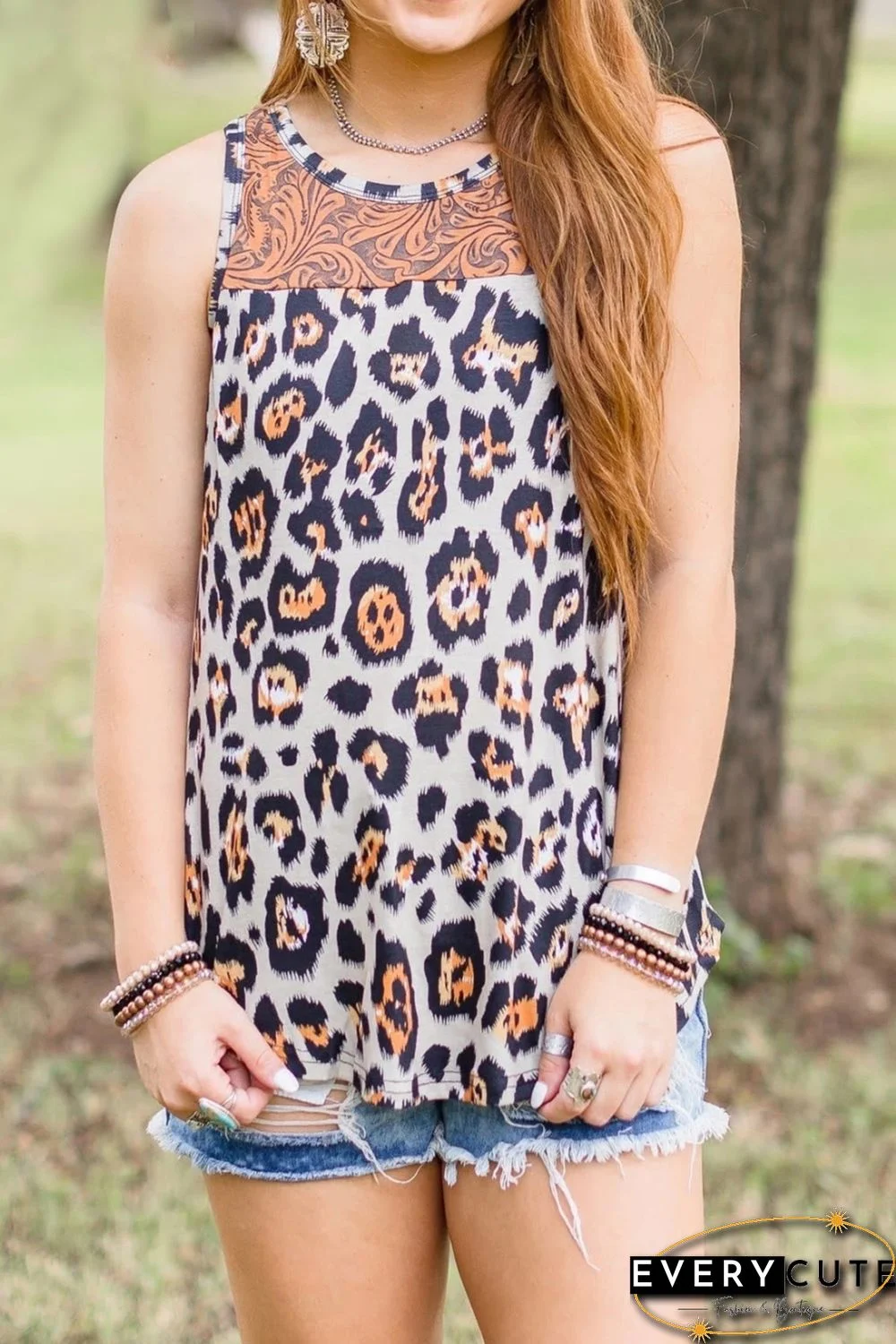 Leopard and Vintage Floral Mixed Print Tank