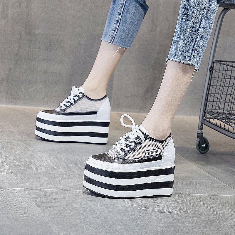 Fujin 12cm Platform Hidden Heel Wedge Chunky Shoes Sneakers Super Genuine Leather Casual Shoes Air Mesh Women Summer Shoes