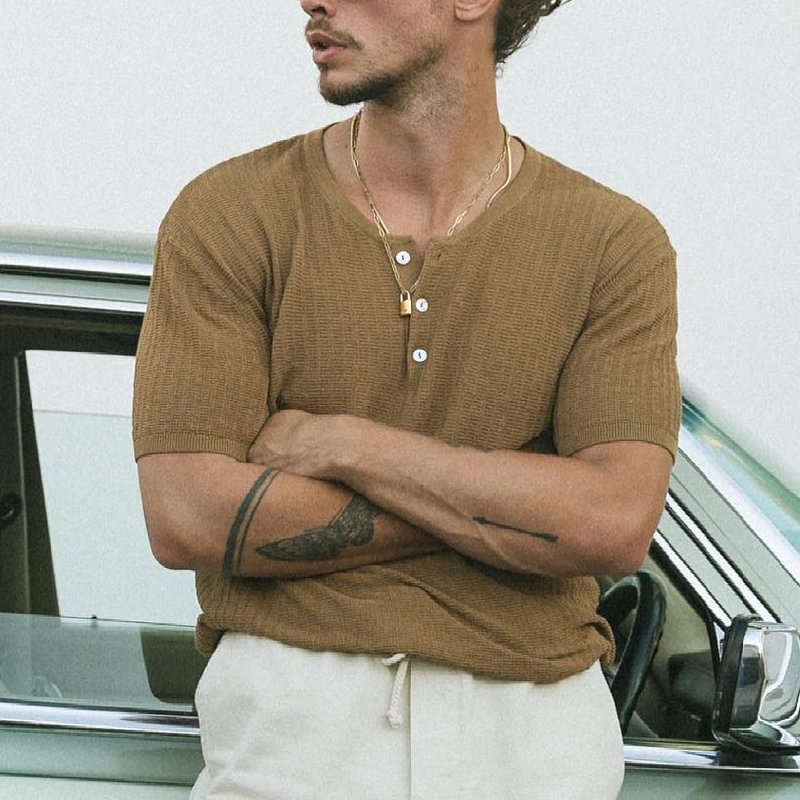 Mens Solid Color Knited T-shirt