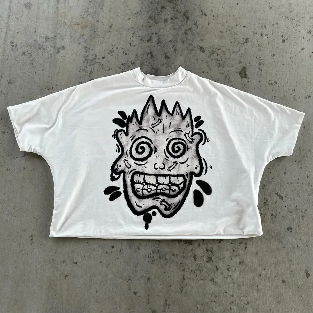 Aonga Streetwear T Shirt Y2K Clothes Harajuku Retro Art Graphic Print Oversized TShirt Men Women Round Neck Cotton Short Sleeve Tops aonga