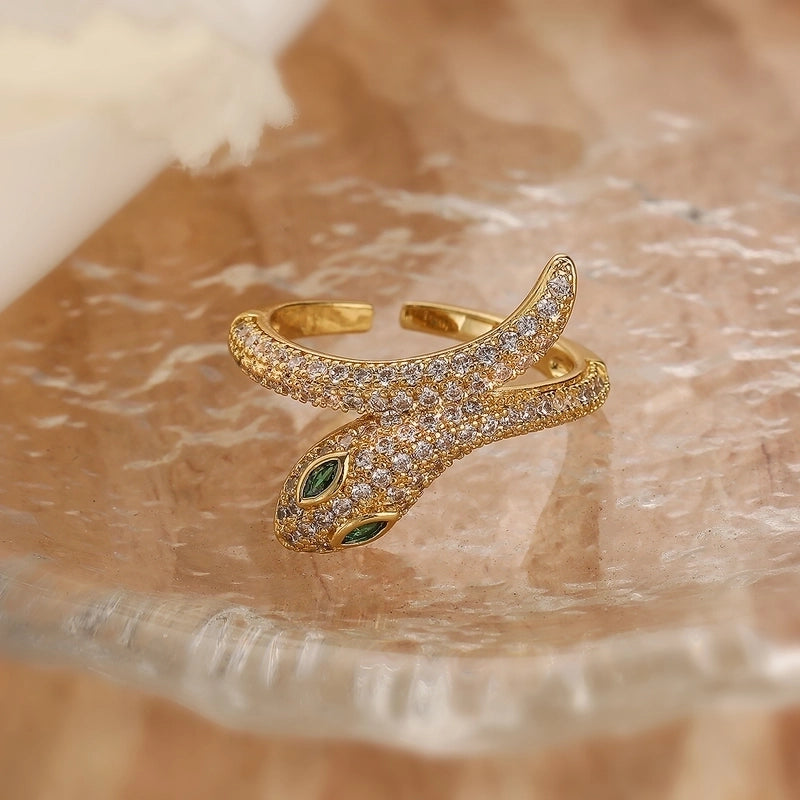 Minimalist Snake Copper Plating Inlay Zircon 18k Gold Plated Open Rings