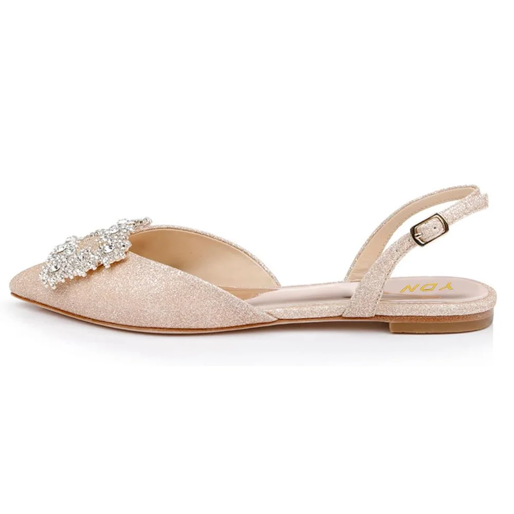 Rose Gold Glitter Pointed Rhinestone Embellished Slingback Flats