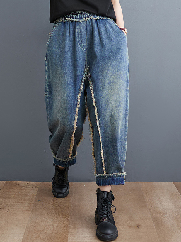 Frayed Edges Trim Side Pocket Vintage Loose Harem Jeans