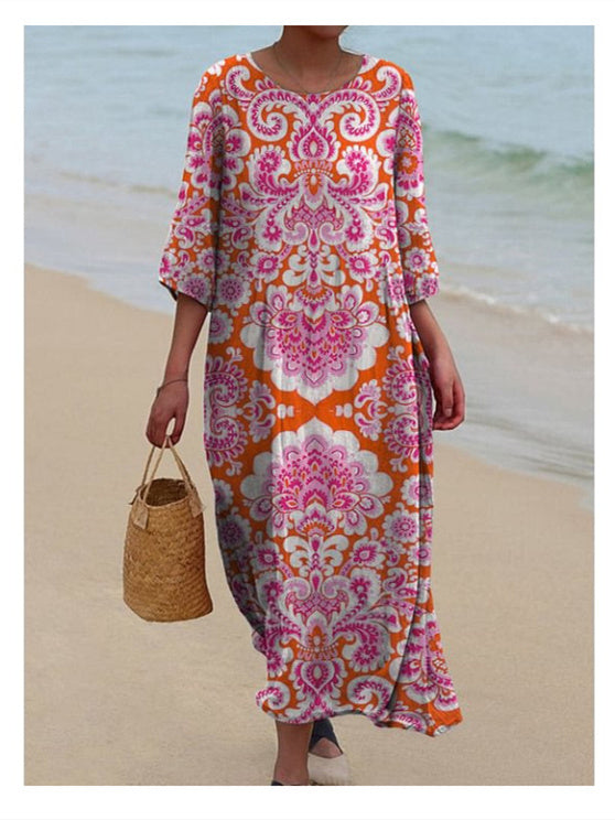 Women's 3/4 Sleeve Scoop Neck Graphic Printed Midi Dress