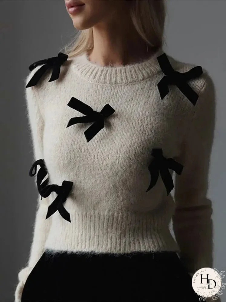 Fashion 3d Bow Round Neck Sweater For Women Elegant Long Sleeve Slim Warm Pullover 2024 New Autumn Female Commuting Streetwear