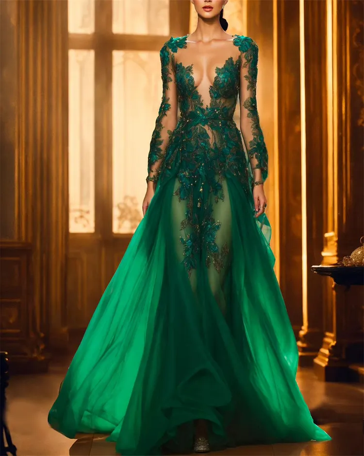 Women's Green V Neck Mesh Embroidered Dress