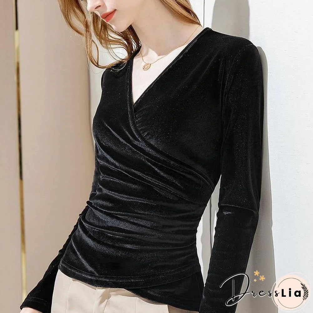 Spring Autumn Women Tshirts Cross V-neck Long Sleeve Solid color Vintage Plus Size 3XL Tops Fall Womens Clothing Fashion