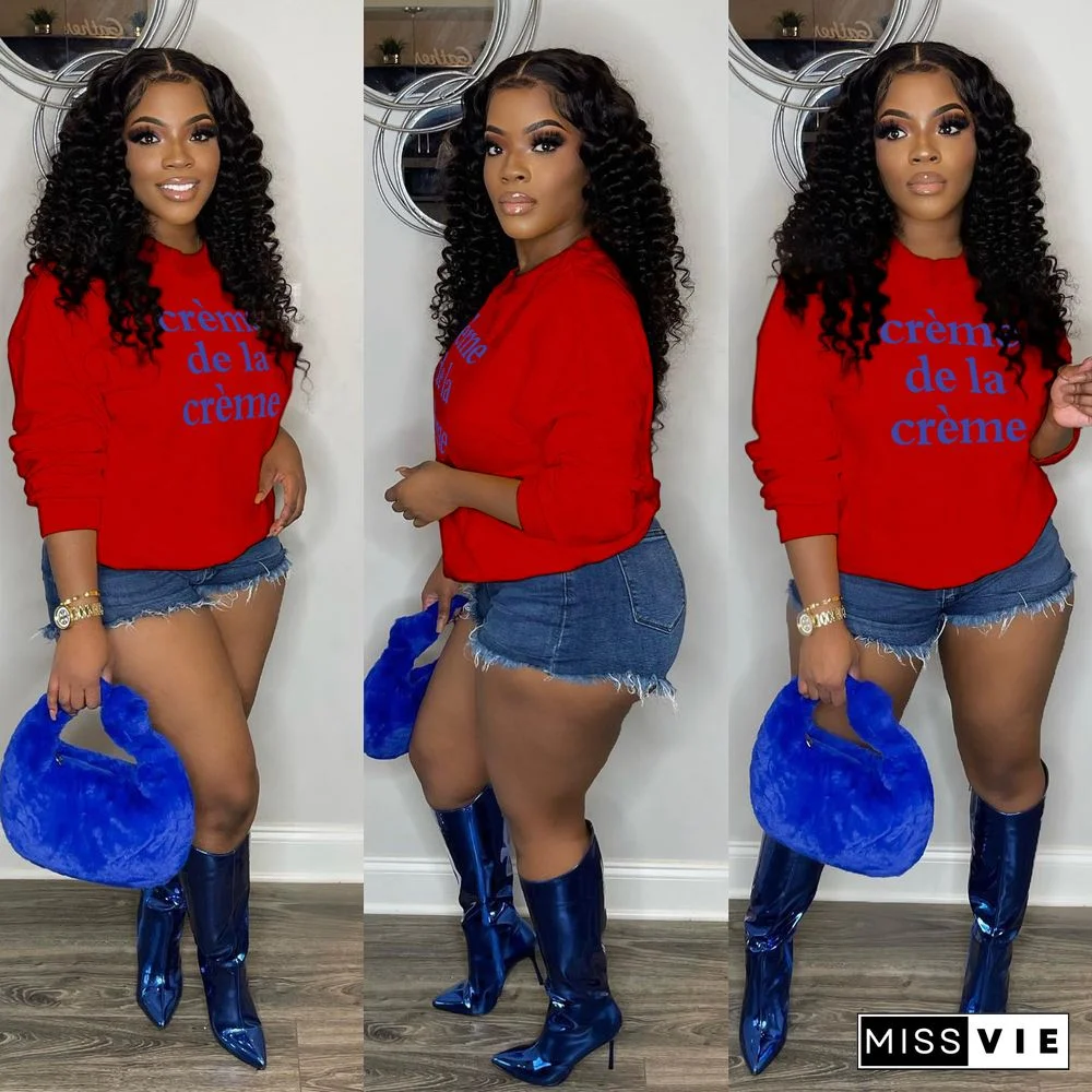 Plus Size Letter Print Long Sleeve O Neck Pullover Tops