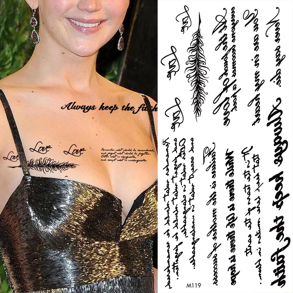 Minimalist Letter Temporary Tattoo For Children Women Small Word Tattoos Sticker Black Endless Heart Fake Tatoos Chains Clavicle